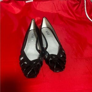 a.n.a Black Patent Peep-Toe Woven Flats